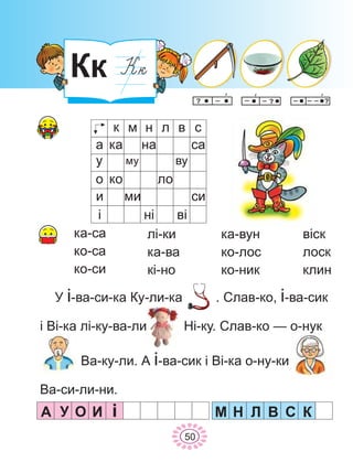 Êê
êà-ñà
êî-ñà
êî-ñè
ë³-êè
êà-âà
ê³-íî
êà-âóí
êî-ëîñ
êî-íèê
â³ñê
ëîñê
êëèí
Ó ³-âà-ñè-êà Êó-ëè-êà . Ñëàâ-êî, -âà-ñèê
³ Â³-êà ë³-êó-âà-ëè Í³-êó. Ñëàâ-êî — î-íóê
Âà-êó-ëè. À ³-âà-ñèê ³ Â³-êà î-íó-êè
Âà-ñè-ëè-íè.
³
50
À ÈÎÓ ³ Ì Í Ë Â Ñ Ê
ê ì í ë â ñ
à
ó
î
è
³
êà
êî
ìó
ìè
íà
í³
ëî
ñà
âó
ñè
â³
 