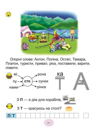 Îïîðí³ ñëîâà: Àíòîí, Ïîë³íà, Îñòàï, Òàìàðà,
Ïëàòîí, òóðèñòè, ïðèâàë, ð³êà, ïîñòàâèëè, âàðèòè,
ëîâèòè.
Ç Ï — ÿ ä³ì äëÿ êîðàáë³â,
Ç Ò — êðàñóþñü íà ñòîë³?
ñòî
ì³
íàìè
ïó
ðîíà
ð³íêà
ñóíêè
êà
òà
Ï
61
Ò
 