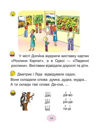 Ó ì³ñò³ Äîëèíà â³äêðèëè âèñòàâêó êàðòèí
«Ðîñëèíè Êàðïàò», à â Îäåñ³ — «Ï³âäåíí³
ðîñëèíè». Âèñòàâêè â³äâ³äàëè äîðîñë³ òà ä³òè.
Äìèòðèê ³ Ë³äà â³äâ³äóâàëè ñàäîê.
äàñ
ä³ë
³ðä
äà-âî
ðè-äà
òè-ä³
3 2 1
3 2 1
2 1 3
2 1
2 1
2 1
3
1
2
Âîíè ñêëàäàëè ñëîâà: äóìêà, äóäêà, ìóäðà...
À òè ñêëàäè òàê³ ñëîâà: Äå-ñíà, ...
68
 