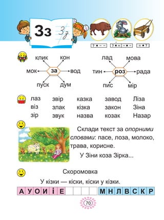 Çç
êëèê
ìîê
ïóñê äóì
âîä
êîí ëàä
òèí
ïèñ ì³ð
ðàäà
ìîâà
ëàç
â³ç
ç³ð
çâ³ð
çëàê
çâóê
êàçêà
ê³çêà
íàçâà
çàâîä
çàêîí
êîçàê
Ë³çà
Ç³íà
Íàçàð
Ñêëàäè òåêñò çà îïîðíèìè
ñëîâàìè: ïàñå, ëîçà, ìîëîêî,
òðàâà, êîðèñíå.
Ó Ç³íè êîçà Ç³ðêà...
Ñêîðîìîâêà
Ó ê³çêè — ê³ñêè, ê³ñêè ó ê³çêè.
À ÈÎÓ ³ Ì Í Ë Â Ñ Ê ÐÅ
70
çà ðîç
 