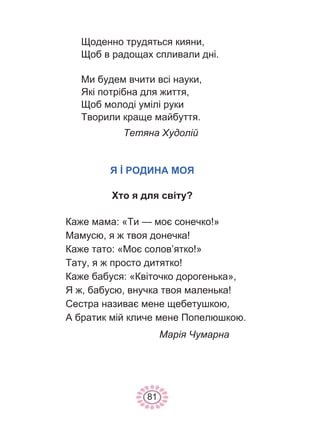 81
Щоденно трудяться кияни,
Щоб в радощах спливали дні.
Ми будем вчити всі науки,
Які потрібна для життя,
Щоб молоді умілі руки
Творили краще майбуття.
Тетяна Худолій
Я İ РОДИНА МОЯ
Хто я для світу?
Каже мама: «Ти — моє сонечко!»
Мамусю, я ж твоя донечка!
Каже тато: «Моє солов’ятко!»
Тату, я ж просто дитятко!
Каже бабуся: «Квіточко дорогенька»,
Я ж, бабусю, внучка твоя маленька!
Сестра називає мене щебетушкою,
А братик мій кличе мене Попелюшкою.
Марія Чумарна
 