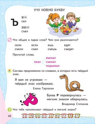 48
ъ съел
сел
УЧУ НОВУЮ БУКВУ
сели если ешь едят
съели съел съешь съедят
Я вам не угрожаю —
твёрдый знак изображаю.
Елена Тарлапан
Буква Р перевернулась —
мягким знаком обернулась.
Владимир Степанов
въехал
ехал съехал
подъехал
Что общее в парах слов? Чем они различаются?
Прочитай слова.
Что тебе напоминают твёрдый и мягкий знаки?
Составь предложения со словами, в которых есть твёрдый
знак.
А У МЫ ТНО ДИЯ Л РЕ ЙЁ ЭЮ
 