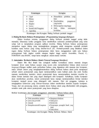Keuntungan dan Kerugian Dialog berbasis perintah tunggal 
2. Dialog Berbasis Bahasa Pemrograman (Programming language dialogue) 
Dalam keadaan tertentu, penggunaan dialog berbasis perintah tunggal sering tidak 
memadai, khususnya ketika pengguna terus memberikan sederetan perintah-perintah yang sama 
setiap kali ia menjalankan program aplikasi tersebut. Dialog berbasis bahasa pemrograman 
merupakan ragam dialog yang memungkinkan pengguna untuk mengemas sejumalh perintah 
kedalam suatu berkas yang sering disebut batch file. Perintah-perintah yang dituliskan dalam 
ragam dialog berbasis bahasa pemrograman tidak harus menggunakan salah satu bahasa 
pemrograman baik tingkat rendah maupun tingkat tinggi seperti Assembler, Pascal, C, 
FORTRAN atau BASIC, tetapi harus mengikuti aturan-aturan tertentu. 
3. Antarmuka Berbasis Bahasa Alami (Natural Language Interface) 
Dalam film fiksi ilmiah kita seringkali melihat komunikasi antara manusia dengan 
komputer lewat suatu bahasa ucapan yang secara jelas memanfaatkan bahasa alami (natural 
language).Dengan melihat pada perbedaan bahasa yang digunakan oleh manusia dan komputer, 
maka sebuah sistem yang mengimplementasikan dialog berbasis bahasa alami perlu mempunyai 
sebuah sistem penterjemah yang dapat menterjemahkan suatu kalimat pada dua arah. Ketika 
manusia memberikan instruksi, sistem penterjemah harus menerjemahkan instruksi tersebut ke 
dalam format instruksi lain yang dapat dimengerti oleh komputer. Sebaliknya, ketika komputer 
akan memberikan jawaban, sistem penterjemah harus mampu menterjemahkan format instruksi 
komputer menjadi pesan yang dimengerti oleh manusia. Dari sisi pengguna, tentunya ia 
menginginkan keluwesan yang sebesar-besarnya dalam memberikan instruksi kepada komputer. 
Tetapi, dari sisi perancang sistem, semakin luwes bahasa alami yang dikehendaki oleh pengguna, 
semakin rumit pula sistem penterjemah yang harus disiapkan. 
Berikut keuntungan dan kerugian penggunaan antarmuka berbasis bahasa alami. 
Keuntungan dan Kerugian Dialog Berbasis Bahasa Alami 
 