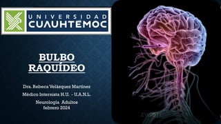 BULBO
RAQUÍDEO
Dra. Rebeca Velázquez Martínez
Médico Internista H.U. - U.A.N.L.
Neurología Adultos
febrero 2024
 