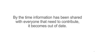 By the time information has been shared
 with everyone that need to contribute,
         it becomes out of date.




                                          9
 