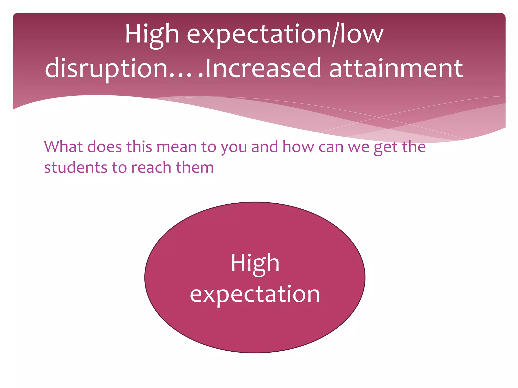 High expectation/low
disruption….Increased attainment
What does this mean to you and how can we get the
students to reach them
High
expectation
 