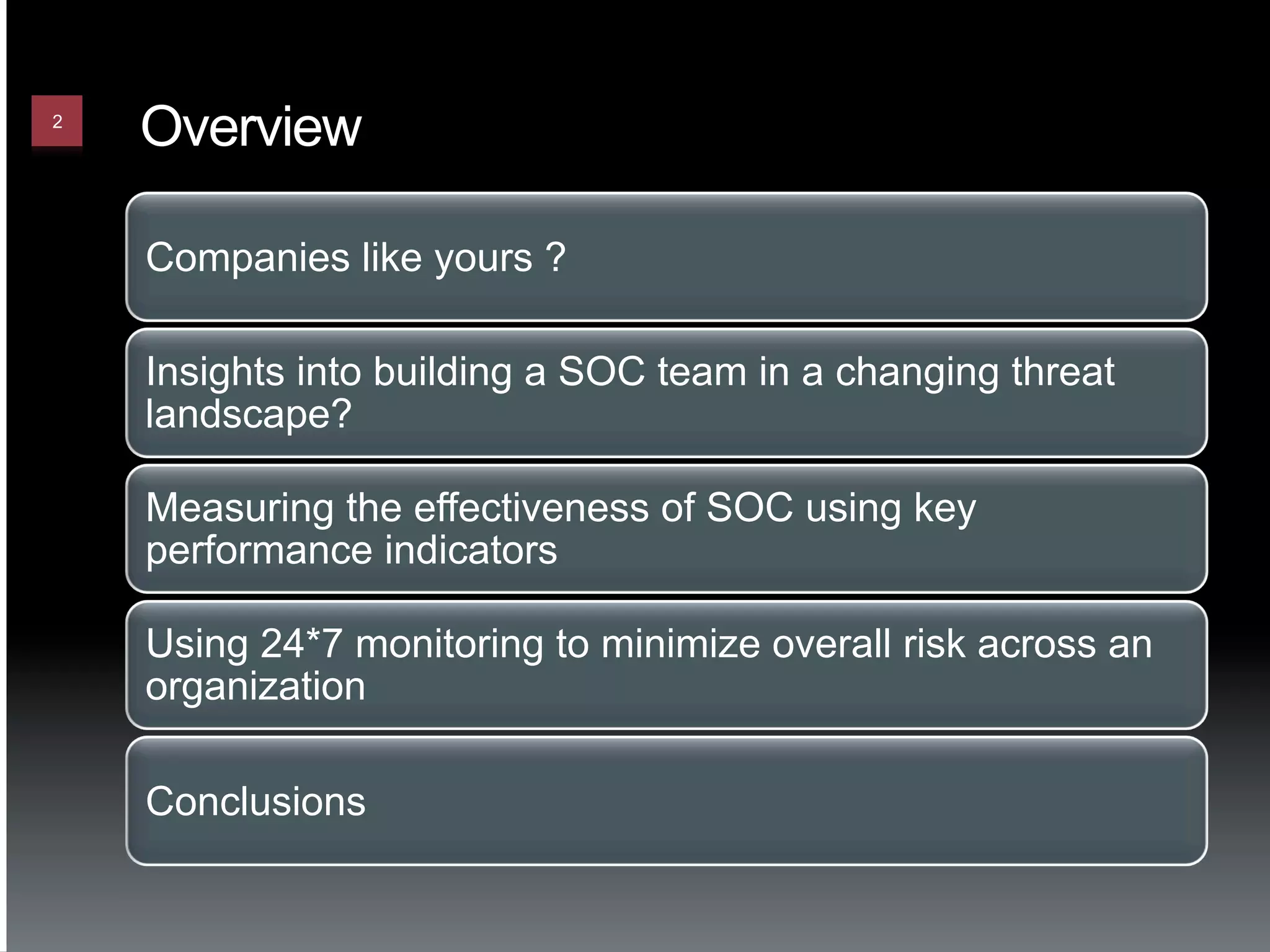 2
    Overview

    Companies like yours ?

    Insights into building a SOC team in a changing threat
    landscape?

    Measuring the effectiveness of SOC using key
    performance indicators

    Using 24*7 monitoring to minimize overall risk across an
    organization

    Conclusions
 