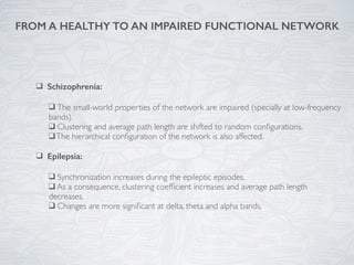 ❑ Schizophrenia:
❑ The small-world properties of the network are impaired (specially at low-frequency
bands).
❑ Clustering...