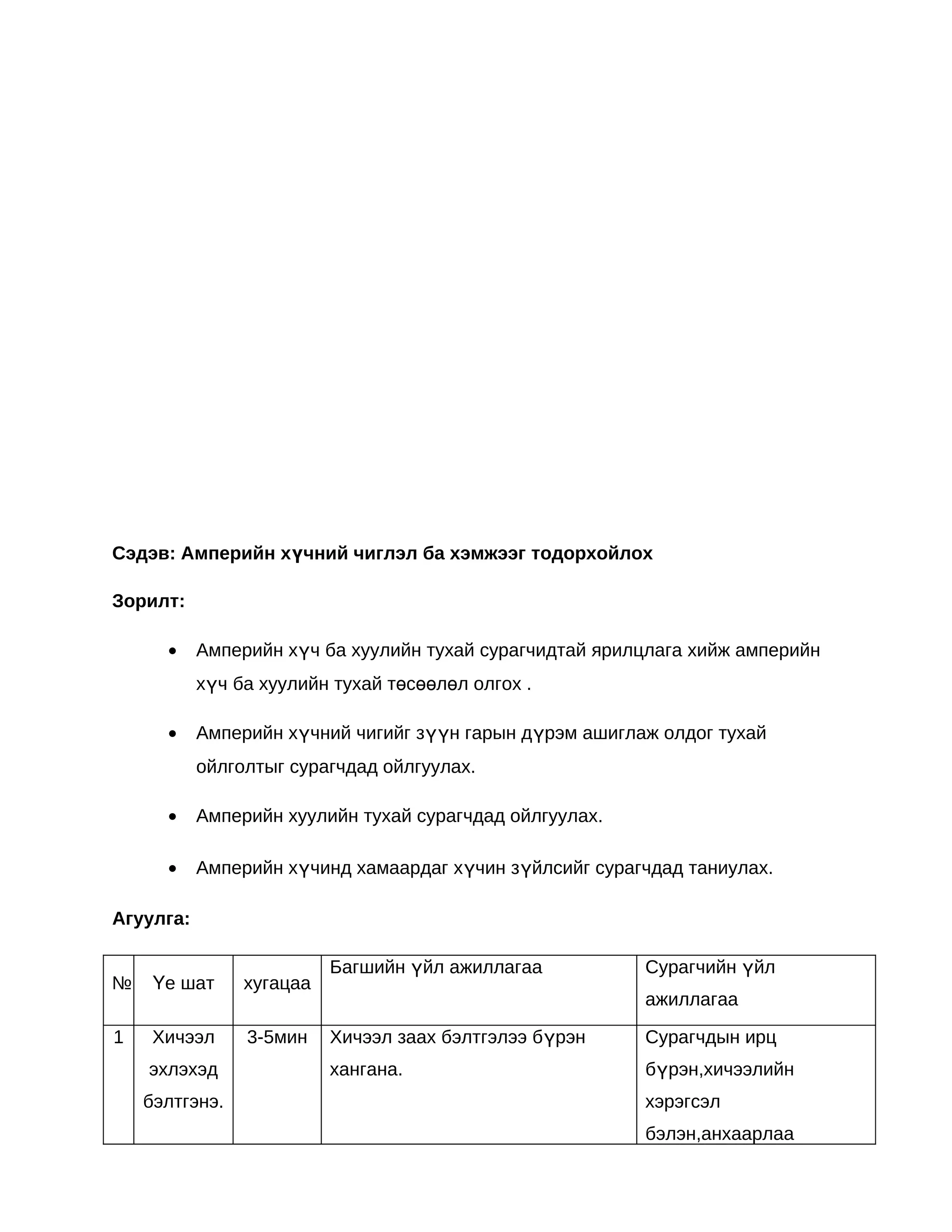 Сэдэв: Амперийн хүчний чиглэл ба хэмжээг тодорхойлох

Зорилт:

      •    Амперийн хүч ба хуулийн тухай сурагчидтай ярилцлага хийж амперийн
           хүч ба хуулийн тухай төсөөлөл олгох .

      •    Амперийн хүчний чигийг зүүн гарын дүрэм ашиглаж олдог тухай
           ойлголтыг сурагчдад ойлгуулах.

      •    Амперийн хуулийн тухай сурагчдад ойлгуулах.

      •    Амперийн хүчинд хамаардаг хүчин зүйлсийг сурагчдад таниулах.

Агуулга:

                          Багшийн үйл ажиллагаа          Сурагчийн үйл
№    Үе шат     хугацаа
                                                         ажиллагаа

1    Хичээл     3-5мин    Хичээл заах бэлтгэлээ бүрэн    Сурагчдын ирц
    эхлэхэд               хангана.                       бүрэн,хичээлийн
    бэлтгэнэ.                                            хэрэгсэл
                                                         бэлэн,анхаарлаа
 