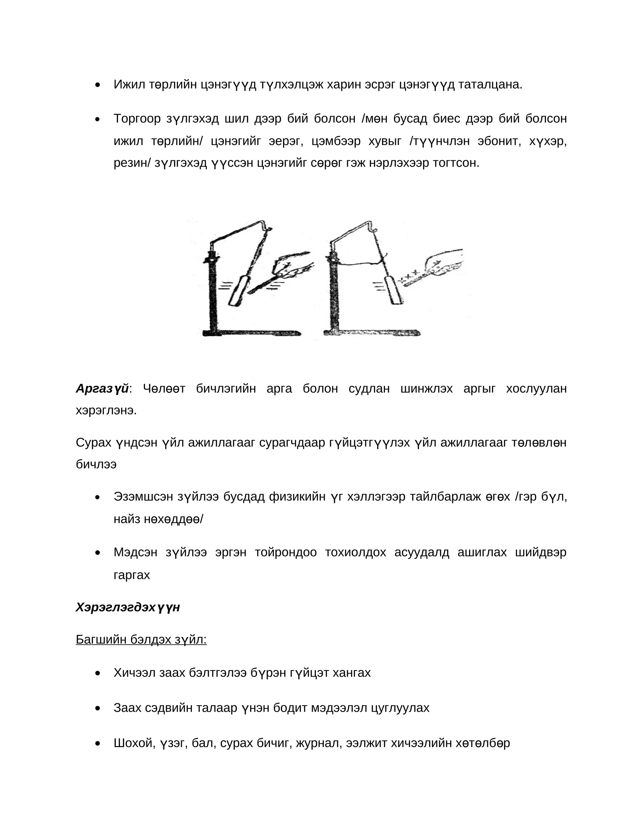 •   Ижил төрлийн цэнэгүүд түлхэлцэж харин эсрэг цэнэгүүд таталцана.

   •   Торгоор зүлгэхэд шил дээр бий болсон /мөн бусад биес дээр бий болсон
       ижил төрлийн/ цэнэгийг эерэг, цэмбээр хувыг /түүнчлэн эбонит, хүхэр,
       резин/ зүлгэхэд үүссэн цэнэгийг сөрөг гэж нэрлэхээр тогтсон.




Аргазүй: Чөлөөт бичлэгийн арга болон судлан шинжлэх аргыг хослуулан
хэрэглэнэ.

Сурах үндсэн үйл ажиллагааг сурагчдаар гүйцэтгүүлэх үйл ажиллагааг төл өвл өн
бичлээ

   •   Эзэмшсэн зүйлээ бусдад физикийн үг хэллэгээр тайлбарлаж өгөх /гэр бүл,
       найз нөхөддөө/

   •   Мэдсэн зүйлээ эргэн тойрондоо тохиолдох асуудалд ашиглах шийдвэр
       гаргах

Хэрэглэгдэхүүн

Багшийн бэлдэх зүйл:

   •   Хичээл заах бэлтгэлээ бүрэн гүйцэт хангах

   •   Заах сэдвийн талаар үнэн бодит мэдээлэл цуглуулах

   •   Шохой, үзэг, бал, сурах бичиг, журнал, ээлжит хичээлийн хөтөлбөр
 