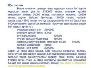 Жишээ нь
Нэгэн компани шинээр газар худалдан авсан ба газрын
худалдан авсан үнэ нь 2100000 төгрөг, эзэмших эрхийн
зөвшөөрөл авахад 30000 төгрөг, зуучлалын хөлсөнд 100000
төгрөг, хуучин байшин буулгахад 180000 төгрөг, талбайг
цэвэрлэхэд 45000 төгрөг тус тус зарцуулсан ба хуучин барилгаас
65000төгрөгийн барилгын материал эргүүлэн ашиглахаар авсан
бол газрын өртөг нь :
худалдаж авсан үнэ 2100000
эзэмших эрхийн бичиг 30000
зуучлалын хөлс 100000
хуучин байшинг буулгахад 180000
хасах нь: эргүүлэн авсан материал 65000 115000
талбайг цэвэрлэхэд 45000
газрын нийт өртөг 2390000
Харин уг газар дээр хашаа, авто машины зогсоолын талбай,
явган хүний зам зэргийг барьсан бол тэдгээртэй холбогдон гарсан
зардлыг “газар сайжруулалтын зардал” гэсэн тусгай дансанд
бүртгэх ёстой. Учир нь газар хязгааргүй ашиглалтын хугацаатай
байдаг бол хашаа машины зогсоол, засмал зам зэрэг нь тодорхой
ашиглалтын хугацаатай байдаг.
 