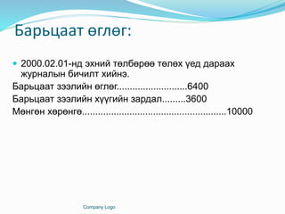 Барьцаат өглөг:
 2000.02.01-нд эхний төлбөрөө төлөх үед дараах
журналын бичилт хийнэ.
Барьцаат зээлийн өглөг...........................6400
Барьцаат зээлийн хүүгийн зардал.........3600
Мөнгөн хөрөнгө.......................................................10000
Company Logo
 