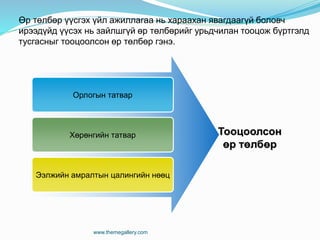 Өр төлбөр үүсгэх үйл ажиллагаа нь хараахан явагдаагүй боловч
ирээдүйд үүсэх нь зайлшгүй өр төлбөрийг урьдчилан тооцож бүртгэлд
тусгасныг тооцоолсон өр төлбөр гэнэ.
www.themegallery.com
Орлогын татвар
Хөрөнгийн татвар
Ээлжийн амралтын цалингийн нөөц
Тооцоолсон
өр төлбөр
 
