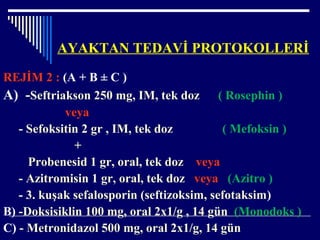 AYAKTAN TEDAVİ PROTOKOLLERİ
REJİM 2 : (A + B ± C )
A) -Seftriakson 250 mg, IM, tek doz ( Rosephin )
veya
- Sefoksitin 2 gr , IM, tek doz ( Mefoksin )
+
Probenesid 1 gr, oral, tek doz veya
- Azitromisin 1 gr, oral, tek doz veya (Azitro )
- 3. kuşak sefalosporin (seftizoksim, sefotaksim)
B) -Doksisiklin 100 mg, oral 2x1/g , 14 gün (Monodoks )
C) - Metronidazol 500 mg, oral 2x1/g, 14 gün
 