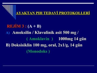 AYAKTAN PIH TEDAVİ PROTOKOLLERİAYAKTAN PIH TEDAVİ PROTOKOLLERİ
REJİM 3 :REJİM 3 : (A + B)
A) Amoksilin / Klavulinik asit 500 mg /
( Amoklavin ) 1000mg 14 gün
B) Doksisiklin 100 mg, oral, 2x1/g, 14 gün
(Monodoks )
 