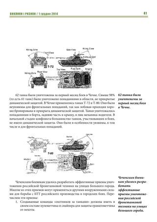 ВИКЛИКИ і РИЗИКИ / 1 грудня 2014 39 
даде это сработало, не значит, что не приведет к тяжелым последствиям в 
иных условиях. 
Кроме того, данные блокпосты довольно уязвимы к огню 120-мм ми- 
нометов, что оказалось верно даже для относительно хорошо 
бронированных БМП-3, которые понесли чувствительные потери из-за 
минометного обстрела чеченцами. 
Тактика чеченских противотанкистов (данный раздел явля- 
ется переводом тематической статить Л. Грау) 
Чеченские боевики вооружены оружием советского и российского 
производства, а большинство из них служило в советских вооруженных 
силах. Боевая группа чеченцев состоит из 15-20 человек, разделенных на 
огневые ячейки по 3-4 человека. Каждая ячейка включает гранатометчика 
(вооруженного РПГ-7 или РПГ-18), пулеметчика и снайпера. Остальные 
бойцы ячейки занимаются переноской боеприпасов (помогают гранато- 
метчикам и пулеметчикам). Боевые группы развертывают свои ячейки в 
команды «охотников за танками». Снайпер и пулеметчик отсекают пехоту, 
а гранатометчик поражает бронеобъект. Команды размещаются на первом, 
втором, третьем этажах зданий и в подвальных помещениях. Обычно один 
танк атакует одновременно 5-6 команд. Стрельба ведется по крыше, бор- 
там или задней части машины. На крышу машины бросаются бутылки с 
бензином или напалмом. Чеченские «охотники за танками» пытаются по- 
ймать колонны на городских улицах в ловушку, подрывая переднюю и за- 
днюю машины, а затем методично уничтожают всю колонну. 
Вертикальные углы обстрела российских танковых пушек не позволя- 
ют им бороться с «охотниками за танками», когда те размещаются в подва- 
лах или на вторых-третьих этажах, а одновременная атака 5-6 команд дела- 
ет пулеметы бесполезными. Для борьбы с «охотниками за танками» в 
состав бронетанковых колонн включались самоходные зенитные установ- 
ки ЗСУ-23-4 и 2С6. 
Основная масса БТТ была уничтожена с помощью противотанковых 
гранат и гранатометов. На каждый уничтоженный бронеобъект приходи- 
лось в среднем 3-6 поражающих попаданий. Излюбленными мишенями че- 
ченских гранатометчиков были топливные баки и двигатели. На рисунках 
серым цветом выделены участки бронемашин, на которые приходилось 
90% поражающих попаданий. 
БМД-1 служит для перевозки личного состава воздушно-десантных 
частей. Поэтому она имеет слабое бронирование. БМД-1 уязвимы для по- 
ражения в лоб, в борт, сзади и сверху. Передняя часть башни имеет усилен- 
ное бронирование и потому менее уязвима, а задняя - нет. 
Боевая группа 
чеченцев состоит 
из 15-20 человек, 
разделенных на 
огневые ячейки по 
3-4 человека. 
Вертикальные 
углы обстрела 
российских 
танковых пушек 
не позволяют им 
бороться с «охот- 
никами за танка- 
ми», когда те 
размещаются в 
подвалах или на 
вторых-третьих 
этажах, а одновре- 
менная атака 5-6 
команд делает 
пулеметы 
бесполезными. 
 