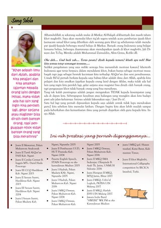 Sang Idola
5


                                Alhamdulillah sy sekarang sudah mulai di Markaz Al-Halqah al-khairiyah dan masih tahsin
                                khot maghribi. Saya akan memulai khot riq’ah segera setelah acara pemberian ijazah khot
                                (semacam sanad khot yang diberikan oleh seorang guru khot yg sebelumnya telah menda-
                                pat ijazah) kepada beberapa murid beliau di Markaz. Banyak orang Indonesia yang belajar
                                bersama beliau, beberapa diantaranya akan mendapatkan ijazah di khot maghribi, Jali Di-
                                wani dan Ta’liq. Mereka adalah Muhammad Zainuddin, Alim Gema, Rofiki dll.

                                Oke deh…. Gud luck yah…. Terus pesan2 diyah kepada temen2 khath apa neh! Biar
                                kita semua tetep semangat teyuuus…..
                                Sedikit pengalaman yang saya miliki semoga bisa menambah motivasi kawan2 khottoth
 “Khat adalah ilmu              Indonesia agar terus berpacu dalam mendalami khot, bukan hanya sebagai motivasi musa-
dari Allah, apabila             baqah tapi juga sebagai bentuk kecintaan kita terhadap Al-Qur’an dan seni penulisannya.
   kita pelajari dan            Ustadz Bil’id pernah berkata kepada saya bahwa khat adalah ilmu dari Allah, apabila kita
                                pelajari dan kita amalkan (ajarkan kepada orang lain) dengan ikhlas, maka tidak ada hal
     kita amalkan               lain yang ingin kita peroleh lagi, gelar sarjana atau magister bisa diraih oleh banyak orang,
   (ajarkan kepada              tapi penguasaan khot tidak banyak orang yang bisa meraihnya.
orang lain) dengan              Yang tak kalah pentingnya adalah jangan mengatakan TIDAK kepada kesempatan yang
 ikhlas, maka tidak             ada di depan kita. Seberapapun kesulitan atau halangan yang mungkin akan kita hadapi
                                pasti ada jalan keluarnya. Intinya adalah laksanakan saja / Just Do it!.
   ada hal lain yang            Satu hal lagi yang pernah dipesankan kepada saya adalah untuk tidak lupa mendoakan
 ingin kita peroleh             guru2 kita sebelum kita memulai latihan. Dengan begitu kita akan lebih mudah sampai
  lagi, gelar sarjana           pada keberkahan dan kemanfaatan ilmu yang pernah diajarkan oleh guru kepada kita. In-
atau magister bisa              sya Allah.
diraih oleh banyak
   orang, tapi pen-
guasaan khot tidak
banyak orang yang
   bisa meraihnya”                  Ini nih prestasi yang pernah digenggamnya...

    Juara II Mewarnai, Pekan          Ngawi, Ngrambe 2005            Ngawi 2005                     juara I MKQ gol. Hiasan
    Muharrom Anak-anak                Juara II Pembacaan UUD,        Juara I MKQ Dewasa,            mushaf, Kutai Barat, Kali-
    Juara II Tartil Al-Qur’an         HUT Pramuka Kab.               Pekan Muharrom Kab.            mantan Timur,
    FASI Kab. Ngawi                   Ngawi 2004                     Ngawi 2006
    Juara II Cerdas Cermat B.         Peserta English Speech,        Juara II MKQ SMA               Juara II khot Maghribi,
    Inggris MTs. Darul Huda           STAIN Ponorogo se eks-         Sederajat, Olimpiade B.        International Calligraphy
    Ponorogo                          karesidenan Madiun 2005        Arab Tk. Jatim, UNMUH
                                                                     Sidoarjo 2006                  competition by IRCICA
    Juara III CCQ Hardiknas           Juara I Hadrah, Pekan
                                      Madaris KAb. Ngawi,            Juara Harapan II MKQ,          Istanbul, Turki.
    Kab. Ngawi 2003
                                      Ngrambe 2005                   MTQ Jatim, Blitar 2007
    Juara II Senam Santri,
    Hardiknas Kab. Ngawi              Juara I Hadrah, Pekan          Juara I MKQ, Usbu’ul
    2003                              Muharrom Kab. Ngawi            Lughoh, PKPBA UIN
                                      2006                           Malang 2007
    Juara III Senam Santri,
    Hardiknas Kab. Ngawi              Juara I MKQ Dewasa,            Juara II MKQ, Harlah
    2004                              Pekan Muharrom Kab.            JDFI UIN Malang 2007
                                      Ngawi 2004                     Jawara Indie Band
    Juara I Senam Santri,
                                      Juara I MKQ Dewasa,            ―AWEBE‖ WK FM se eks-
    Pekan Madaris Kab.
                                      Pekan Muharrom Kab.            Karesidenan Madiun
 