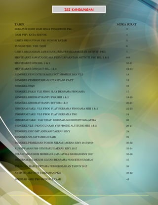 ISI KANDUNGAN
TAJUK MUKA SURAT
SEKAPUR SIRIH DARI MEJA PENGERUSI PKG 3
DARI PTP / KATA EDITOR 4
CARTA ORGANISASI PKG SUNGAI LAYAR 5
FUNGSI PKG / VISI / MISI 6
CARTA ORGANISASI JAWATANKUASA PERMUAFAKATAN AKTIVITI PKG 7
MESYUARAT JAWATANKUASA PERMUAFAKATAN AKTIVITI PKG BIL. 1 & 2 8-9
MESYUARAT GPM BIL. 1 & 2 10-11
MESYUARAT GPB/GICT BIL. 1 & 2 12-13
BENGKEL PENGINTEGRASIAN ICT-MBMMBI DAN VLE 14
BENGKEL PEMBESTARIAN ICT KEPADA FA/FT 15
BENGKEL SSQS 16
BENGKEL PAK21 VLE FROG PLAY BERSAMA FROGASIA 17
BENGKEL KHIDMAT BANTU PSS SIRI 1 & 2 18-19
BENGKEL KHIDMAT BANTU ICT SIRI 1& 2 20-21
PROGRAM PAK21 VLE FROG PLAY BERSAMA FROGASIA SIRI 1 & 2 22-23
PROGRAM PAK21 VLE FROG PLAY BERSAMA PKG 24
PROGRAM PAK21 VLE ‘SWAY’ BERSAMA MICROSOFT MALAYSIA 25
BENGKEL VLE : PENGGUNAAN YES PHONE ALTITUDE SIRI 1 & 2 26-27
BENGKEL UGC-DST ANIMASI DAERAH KMY 28
BENGKEL NILAM TAMBAH BAIK 29
BENGKEL PEMILIHAN TOKOH NILAM DAERAH KMY 2017/2018 30-32
KURSUS ASAS PSS GPM BARU DAERAH KMY 2017 33-34
PELANCARAN KEM MEMBACA 1MALAYSIA DAERAH KMY 2017 35-36
PROGRAM KOLOKIUM ILMIAH BERSAMA PENCETUS UMMAH 37
TINJAUAN HARI PERTAMA PERSEKOLAHAN TAHUN 2017 38
AKTIVITI-AKTIVITI TAMBAHAN PKG 39-42
SEKOLAH AHLI PKG SUNGAI LAYAR 43
 