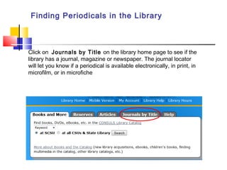 Finding Periodicals in the Library
Click on Journals by Title on the library home page to see if the
library has a journal, magazine or newspaper. The journal locator
will let you know if a periodical is available electronically, in print, in
microfilm, or in microfiche
 