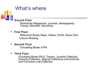 What’s where
 Ground Floor
Periodicals (Magazines, Journals, Newspapers),
Theses, Microfilm, Microfiche
 First Floor
Reference Books Maps, Videos, DVDs, Music CDs,
Leisure Reading
 Second Floor
Circulating Books A-PN
 Third Floor
Circulating Books PN-Z, Theses, Juvenile Collection,
Oversize Collection, Special Collections and Archives,
and Curriculum Lab Collection
 