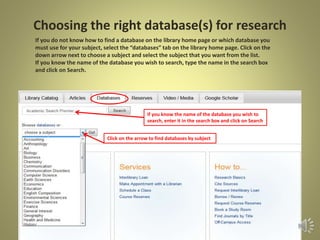 Databases vs. Internet
Why use Databases?
• Databases, not internet search engines, should be the
first stop for any academic research assignment.
• Information in databases goes through a peer-review
process and is therefore more reliable
Why not the Internet?
• You may use the internet for browsing or getting
acquainted with your topic but use library databases to
find quality information for your papers.
• Information on the web needs to be evaluated
 