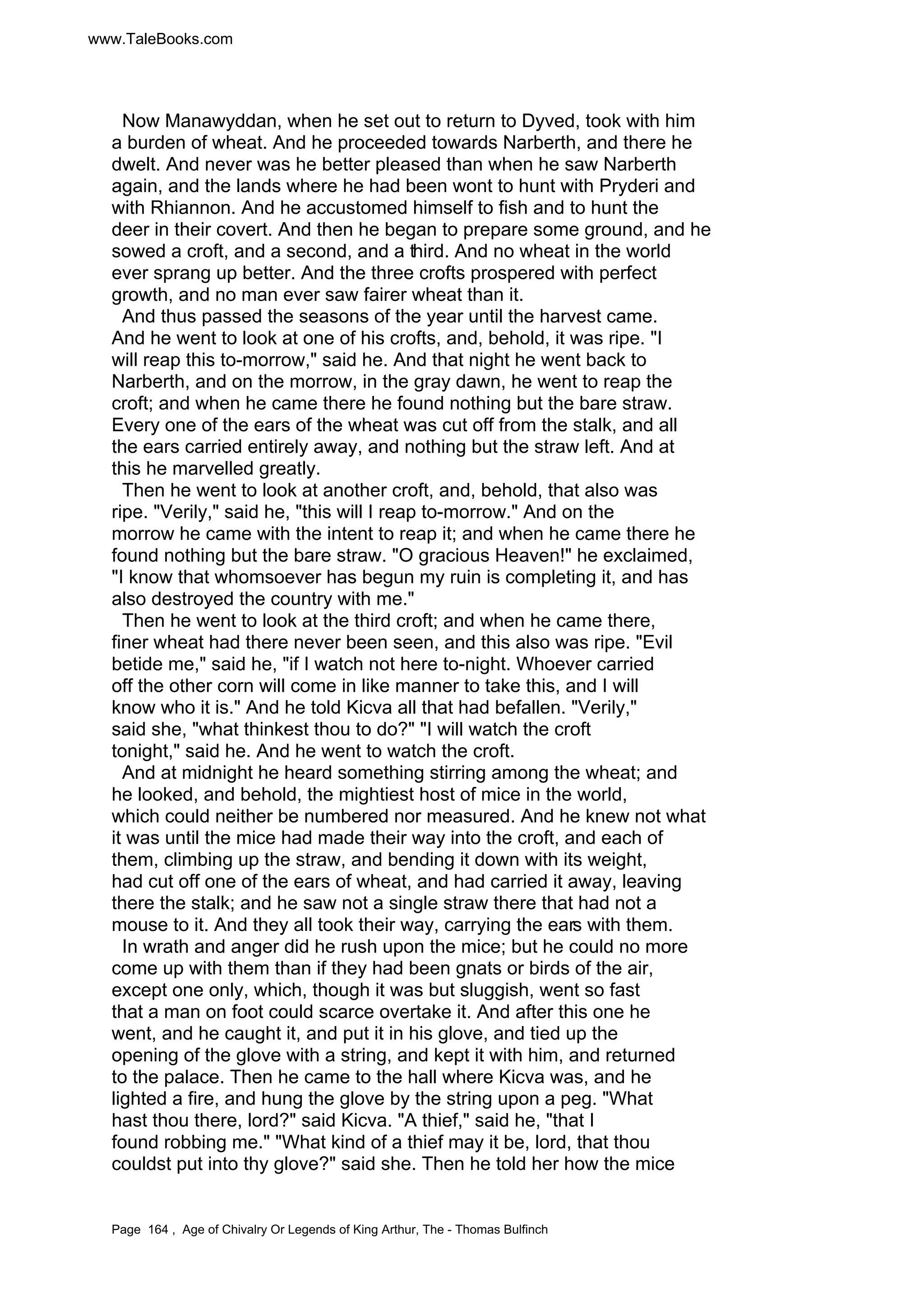 www.TaleBooks.com 
Now Manawyddan, when he set out to return to Dyved, took with him 
a burden of wheat. And he proceeded towards Narberth, and there he 
dwelt. And never was he better pleased than when he saw Narberth 
again, and the lands where he had been wont to hunt with Pryderi and 
with Rhiannon. And he accustomed himself to fish and to hunt the 
deer in their covert. And then he began to prepare some ground, and he 
sowed a croft, and a second, and a third. And no wheat in the world 
ever sprang up better. And the three crofts prospered with perfect 
growth, and no man ever saw fairer wheat than it. 
And thus passed the seasons of the year until the harvest came. 
And he went to look at one of his crofts, and, behold, it was ripe. I 
will reap this to-morrow, said he. And that night he went back to 
Narberth, and on the morrow, in the gray dawn, he went to reap the 
croft; and when he came there he found nothing but the bare straw. 
Every one of the ears of the wheat was cut off from the stalk, and all 
the ears carried entirely away, and nothing but the straw left. And at 
this he marvelled greatly. 
Then he went to look at another croft, and, behold, that also was 
ripe. Verily, said he, this will I reap to-morrow. And on the 
morrow he came with the intent to reap it; and when he came there he 
found nothing but the bare straw. O gracious Heaven! he exclaimed, 
I know that whomsoever has begun my ruin is completing it, and has 
also destroyed the country with me. 
Then he went to look at the third croft; and when he came there, 
finer wheat had there never been seen, and this also was ripe. Evil 
betide me, said he, if I watch not here to-night. Whoever carried 
off the other corn will come in like manner to take this, and I will 
know who it is. And he told Kicva all that had befallen. Verily, 
said she, what thinkest thou to do? I will watch the croft 
tonight, said he. And he went to watch the croft. 
And at midnight he heard something stirring among the wheat; and 
he looked, and behold, the mightiest host of mice in the world, 
which could neither be numbered nor measured. And he knew not what 
it was until the mice had made their way into the croft, and each of 
them, climbing up the straw, and bending it down with its weight, 
had cut off one of the ears of wheat, and had carried it away, leaving 
there the stalk; and he saw not a single straw there that had not a 
mouse to it. And they all took their way, carrying the ears with them. 
In wrath and anger did he rush upon the mice; but he could no more 
come up with them than if they had been gnats or birds of the air, 
except one only, which, though it was but sluggish, went so fast 
that a man on foot could scarce overtake it. And after this one he 
went, and he caught it, and put it in his glove, and tied up the 
opening of the glove with a string, and kept it with him, and returned 
to the palace. Then he came to the hall where Kicva was, and he 
lighted a fire, and hung the glove by the string upon a peg. What 
hast thou there, lord? said Kicva. A thief, said he, that I 
found robbing me. What kind of a thief may it be, lord, that thou 
couldst put into thy glove? said she. Then he told her how the mice 
Page 164 , Age of Chivalry Or Legends of King Arthur, The - Thomas Bulfinch 
 