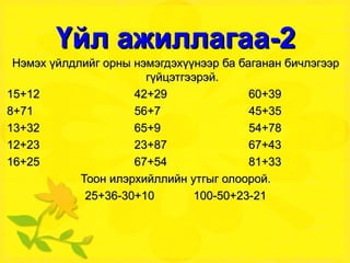 Үйл ажиллагаа-2 Нэмэх үйлдлийг орны нэмэгдэхүүнээр ба баганан бичлэгээр гүйцэтгээрэй. 15+12  42+29  60+39 8+71  56+7  45+35 13+32  65+9  54+78 12+23  23+87  67+43 16+25  67+54  81+33 Тоон илэрхийллийн утгыг олоорой. 25+36-30+10  100-50+23-21 
