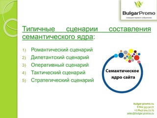 bulgar-promo.ru
8 800 333 30 77
+7 (843) 524 73 75
sales@bulgar-promo.ru
Типичные сценарии составления
семантического ядра:
1) Романтический сценарий
2) Дилетантский сценарий
3) Оперативный сценарий
4) Тактический сценарий
5) Стратегический сценарий
 