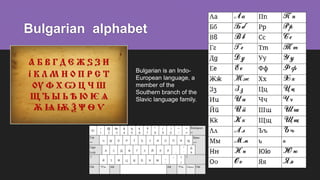 Bulgarian alphabet
Bulgarian is an Indo-
European language, a
member of the
Southern branch of the
Slavic language family.
 
