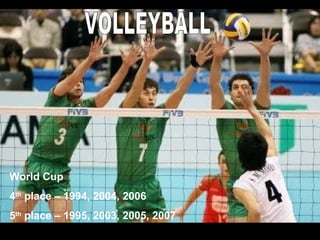 VOLLEYBALL World Cup 4 th  place  – 1994, 2004, 2006 5 th  place  – 1995, 2003, 2005, 2007 
