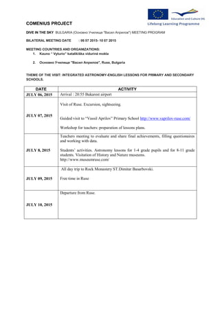 COMENIUS PROJECT
DIVE IN THE SKY BULGARIA (Основно Училище "Васил Априлов") MEETING PROGRAM
BILATERAL MEETING DATE : 06 07 2015- 10 07 2015
MEETING COUNTRIES AND ORGANIZATIONS:
1. Kauno “ Vyturio” katalikiška vidurinė mokla
2. Основно Училище "Васил Априлов", Ruse, Bulgaria
THEME OF THE VISIT: INTEGRATED ASTRONOMY-ENGLISH LESSONS FOR PRIMARY AND SECONDARY
SCHOOLS.
DATE ACTIVITY
JULY 06, 2015 Arrival : 20:55 Bukarest airport
JULY 07, 2015
Visit of Ruse. Excursion, sightseeing.
Guided visit to “Vassil Aprilov” Primary School http://www.vaprilov-ruse.com/
Workshop for teachers: preparation of lessons plans.
JULY 8, 2015
Teachers meeting to evaluate and share final achievements, filling questionaires
and working with data.
Students’ activities. Astronomy lessons for 1-4 grade pupils and for 8-11 grade
students. Visitation of History and Nature museums.
http://www.museumruse.com/
JULY 09, 2015
All day trip to Rock Monastery ST.Dimitar Basarbovski.
Free time in Ruse
JULY 10, 2015
Departure from Ruse.