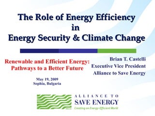 Renewable and Efficient Energy: Pathways to a Better Future May 19, 2009 Sophia, Bulgaria Brian T. Castelli Executive Vice President Alliance to Save Energy The Role of Energy Efficiency in  Energy Security & Climate Change 