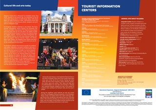 Cultural life and arts today
Bulgarian cultural life is inﬂuenced by worldwide trends. New
forms, relevant to the present day, are presented on the art
scene here. Among these are Soﬁa Design Week, Soﬁa Dance
Week and Soﬁa Architecture Week, international events that
show the works of world-famous artists, designers and archi-
tects on a Bulgarian stage.
e Bulgarian theatres’ repertoire is very diverse. e Varna
Summer International eatre Festival, the Cinemania Film
Festival and Soﬁa’s International Film Festival attract theatre
and movie fans from all over the world. e capital of Soﬁa
hosts the best-known Bulgarian theatres that regularly stage
the biggest authors, including the Aleko Konstantinov Na-
tional Satirical eatre, the Ivan Vazov National eatre, the
Tear and Laughter National Dramatic eatre, the Nikolay
Binev Youth eatre, the Bulgarian Army eatre and many
others. All major cities have city theatres where you can en-
joy the performance of local actors.
e Bulgarian galleries and museums provide the audience
with regular expositions and guest exhibitions that can in-
troduce you to the rich historical past of these lands. ere
you will also ﬁnd symbols of modern art such as perform-
ance arts, installations and fashion shows. e richest col-
lections can be found in the National Gallery for Foreign
Art, the National Art Gallery, the Soﬁa Art Gallery, the
National Museum of History, the National Archeological
Institute with the Museum of the Bulgarian Academy of
Sciences, and many other smaller and private galleries
scattered around the streets of the major cities.
Annual cultural events and festivals with fans from all
over the world are also organized in Bulgaria.
TOURIST INFORMATION
CENTERS
NATIONAL TOURIST INFORMATION CENTER AT THE MINISTRY
OF ECONOMY, ENERGY AND TOURISM
1040 Soﬁa, 1 Sv. Nedelya Square
phone: +359 2 933 58 26, +359 2 933 58 21, +359 2 933 58 11
e-mail: e-docs@mee.government.bg
SOFIA
1504 Soﬁa, the underpass of St. Kliment Ohridski Soﬁa University
phone: +359 2 491 83 44, +359 2 491 83 45; e-mail: tourist@info-soﬁa.bg
TRYAVNA
5350 Tryavna, 33 Angel Kanchev Str.
phone: +359 677 22 47, e-mail: tourinfo-tryavna@globcom.net
GABROVO
5300 Gabrovo, 3 Vazrazhdane Square
phone: +359 66 818 406, e-mail: tour_info@gabrovo.bg
BELOGRADCHIK
3900 Belogradchik, 1A Poruchik Dvoryanov Str.
phone: +359 936 53 291, e-mail: ticbelogradchik@gmail.com
VELIKO TARNOVO
5000 Veliko Tarnovo, 5 Hristo Botev Str.
phone: +359 62 622 148, e-mail: ticvt2@gmail.com
KOPRIVSHTITSA
2077 Koprivshtitsa, 6 April 20th Square
phone: +359 7184 21 91, e-mail: tourist_centre@yahoo.com
RUSE
7000 Ruse, 61 Aleksandrovska Str.
phone: +359 82 824 704, e-mail: tic@tic.rousse.bg
SHUMEN
9700 Shumen, 17 Slavyanski Blvd.
phone: +359 54 857 773, e-mail: shumen_opt@abv.bg
IVANOVO
7088 Ivanovo, 75 Olimpiyska Str.
phone: +359 8116 27 15, e-mail: tur_iv@abv.bg
ELENA
5070 Elena, 13 Ilarion Makariopolski Str.
phone: +359 6151 74 30, e-mail: otic@elena.bg
PLEVEN
5800 Pleven, 1 Vazrazhdane Square
phone: +359 64 824 004, e-mail: tourpleven@abv.bg
STARA ZAGORA
6000 Stara Zagora, 27 Ruski Blvd.
phone: +359 42 627 098, e-mail: tic@city.starazagora.net
NESEBAR
8231 Nesebar – old part, 10 Mesambria Str.
phone: +359 554 29 346, e-mail: visitnessebar@abv.bg
PLOVDIV
4000 Plovdiv, 1 Tsentralen Square
phone: +359 32 656 794, +359 32 620 229
e-mail: tic_plovdiv@abv.bg, tic.plovdiv@gmail.com
VARNA
9000 Varna, Sv. sv. Kiril i Metodiy Square
phone: +359 52 608 918, +359 52 608 919; e-mail: invarna@abv.bg
VIDIN
3700 Vidin, 4 Baba Vida Str.
phone: +359 94 609 468, +359 94 609 468
e-mail: turizam.ngo.vidin@gmail.com, tourism.obshtinavidin@gmail.com
Ivan Vazov National eatre in Soﬁa
Bansko Jazz Festival
Among the most famous is the Apollonia Festival of Arts in
the town of Sozopol. Stars from all art scenes meet there
every year at the end of the summer. During one entire
week, the town hosts musicians, actors, directors, produc-
ers, artists, poets and writers. eir talent and high level
of professionalism turn the days and evenings in Sozopol
into a genuine festivity. Evidence for that is the amount of
audience that overﬂows the festival’s halls and the town’s
streets.
Among the signiﬁcant music festivals are also the Lovech
Party Fest, the Bagpipe Playing Competition in the Rhodope's
village of Gela, the Kaliakra Rock Fest, Spirit of Burgas, Bur-
gas and the Sea, the Bansko International Jazz Fest, and many
others. eir diversity will allow you to choose among all music
styles, from the magic of local folklore and jazz sessions to the
performance of prominent performers in rock music.
Operational Programme „Regional Development” 2007-2013
www.bgregio.eu
Investing in your future!
e project is funded by the European Regional Development Fund
and the state budget of the Republic of Bulgaria
Grant Scheme BG161PO001/3.3-01/2008 „Support for eﬀective national marketing of the tourist product and improvement of the information service”,
BG161PO001/3.3-01/2008/001-4 „Design and distribution of advertising materials for promotion of Bulgaria as a tourist destination”
is document is created within the framework of the project “Preparation and Distribution of Advertising and Information Materials Promoting Bulgaria as a Tourist Destination”, Contract No
BG161PO001/3.3-01/2008/001-4, which is performed with the ﬁnancial support of Operative Program “Regional Development” 2007 – 2013, co-ﬁnanced by the European Union through the Euro-
pean Regional Development Fund. e entire responsibility for the contents of the document is brought by the beneﬁciary – e Ministry of Economy, Energy and Tourism, and under no circumstances
it can be considered that this document presents the oﬃcial position of the European Union and the Managing Body.
GENERAL INFO ABOUT BULGARIA
Geographic location: Republic of Bulgaria is a
European country, located in the Eastern part of the
Balkan peninsula. Its Eastern boundary is the Back
Sea; Greece and Turkey are situated southbound, its
Western neighbours are e Republic of Macedonia
and e Republic of Serbia, and to the North it
shares border with e Republic of Romania.
Climate: Bulgaria has a mixed Mild-Continental
and Mediterranean inﬂuenced climate.
Average winter temperatures: 0 °С to -2 °С
Average summer temperatures: 20-22 °С
Territory: 110,099 sq. km
Population: 7 679 290
Oﬃcial language: Bulgarian
Capital: Soﬁa
Average height above sea level: 470 m
Highest point: summit Musala (2925 m)
Time zone: GMT+2 (EST+7)
Main denomination: East-orthodox Christianity (82,6 %
of the population)
Other denominations: Islam (12,2 % of the
population), Catholicism (0,6 % of the population),
Protestants (0,5% of the population)
Ethnic groups: Bulgarians (83,9 %), Turks (9,4 %),
Gypsies (4,7 %), others (2 %) (All data is from survey
made in 2001)
MINISTRY OF ECONOMY,
ENERGY AND TOURISM
Bulgaria, 1000 Soﬁa, 8 Slavjanska Str.
tel.: +359 2 940 7001
fax: +359 2 987 2190; + 359 2 981 9970; + 359 2 981 5039
e-mail: e-docs@mee.government.bg
www.mee.government.bg
22
 