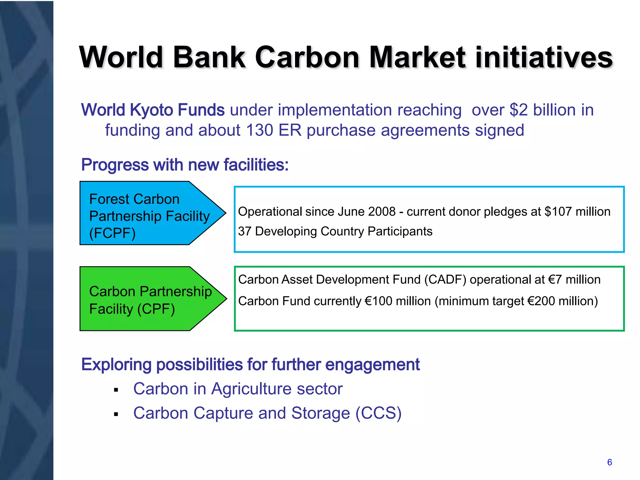 Approach tailored to specific needs of diverse clientsKnowledge &CapacityBottom Up MomentumMDB & UNPartnershipsResource MobilizationClimate Investment FundsRegional / Country Strategies