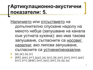 Артикулационно-акустични показатели: 5. Наличието  или  отсъствието  на допълнително спускане надолу на мекото небце (запушване на канала към устната кухина): ако има такова запушване, съгласните са  носови/  назални ; ако липсва запушване, съгласните са  устнени/неназални . [ м ] ,  [ м ’] ,  [ н ] ,  [ н ’] [ б/б ’], [ в/в ’], [ г/г ’], [ д/д ’], [ ж ], [ з/з ’], [ й ] ,  [ к/к ’], [ л/л ’] ,  [ п/п ’], [ р/р ’] [ с/с ’],   [ т/т ’], [ ф/ф ’], [ х/х ’], [ ц/ц ’], [s / s’], [ ч ], [ џ ], [ ш ] ’ 