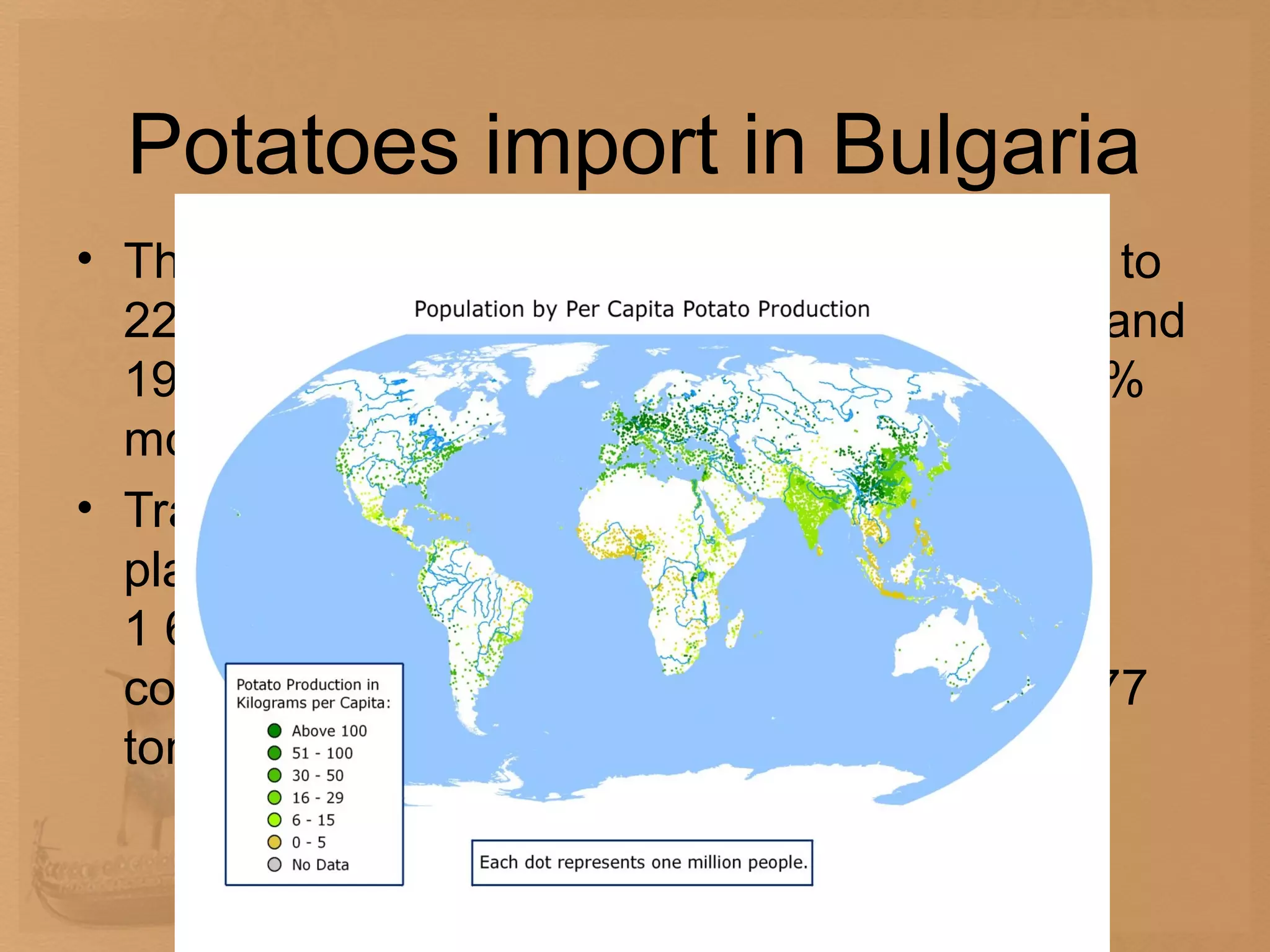 Potatoes import in Bulgaria
• The import of fresh potatoes in 2009 adds up to
  22 001 tons (including 2 528 tons for sowing and
  19 473 tons for consumption), which is by 23%
  more than in the previous year.
• Traditionally, the main import of high quality
  planting supplies comes from Netherlands –
  1 675 tons. Larger quantities of potatoes for
  consumption are imported from Turkey – 9 377
  tons and Germany – 4 340 tons.
 