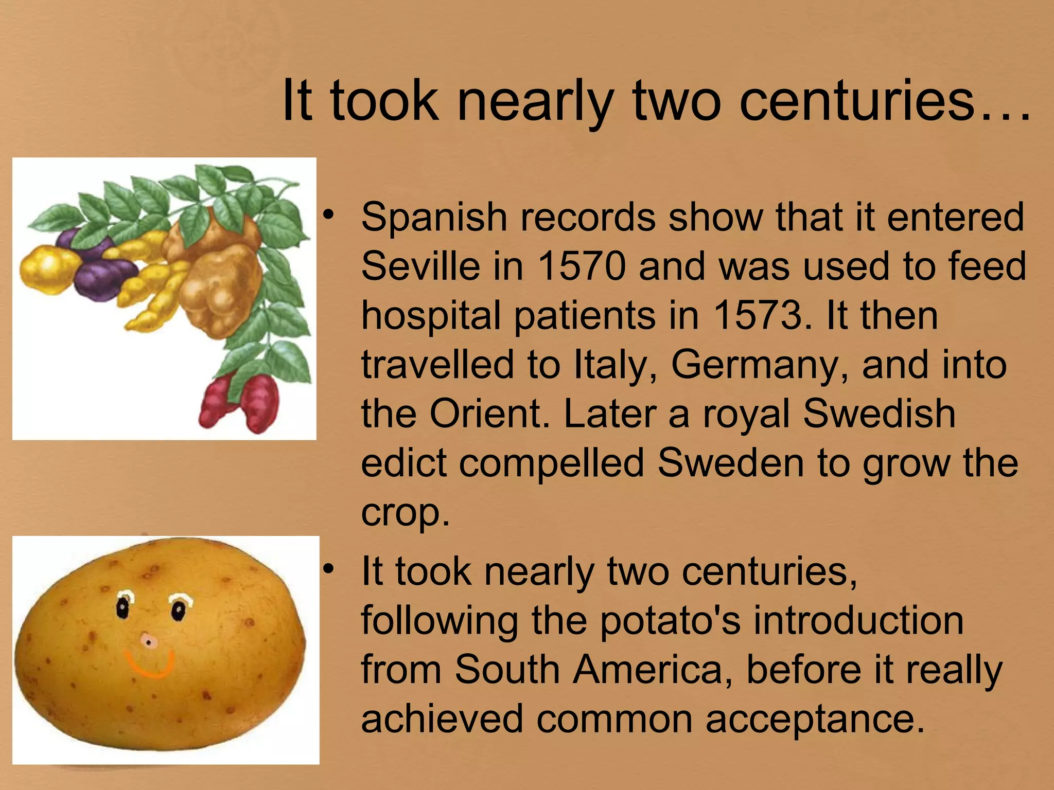 It took nearly two centuries…
 • Spanish records show that it entered
   Seville in 1570 and was used to feed
   hospital patients in 1573. It then
   travelled to Italy, Germany, and into
   the Orient. Later a royal Swedish
   edict compelled Sweden to grow the
   crop.
 • It took nearly two centuries,
   following the potato's introduction
   from South America, before it really
   achieved common acceptance.
 