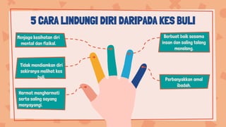 5 CARA LINDUNGI DIRI DARIPADA KES BULI
Hormat menghormati
serta saling sayang
menyayangi.
Tidak mendiamkan diri
sekiranya melihat kes
buli.
Menjaga kesihatan diri
mental dan fizikal.
Berbuat baik sesama
insan dan saling tolong
menolong.
Perbanyakkan amal
ibadah.
 