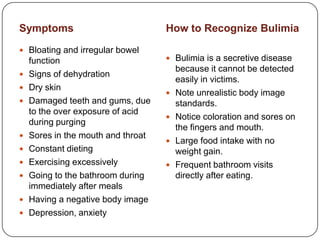 Symptoms                            How to Recognize Bulimia
 Bloating and irregular bowel
    function                         Bulimia is a secretive disease
                                        because it cannot be detected
   Signs of dehydration
                                        easily in victims.
   Dry skin
                                       Note unrealistic body image
   Damaged teeth and gums, due         standards.
    to the over exposure of acid
                                       Notice coloration and sores on
    during purging
                                        the fingers and mouth.
   Sores in the mouth and throat
                                       Large food intake with no
   Constant dieting                    weight gain.
   Exercising excessively             Frequent bathroom visits
   Going to the bathroom during        directly after eating.
    immediately after meals
   Having a negative body image
   Depression, anxiety
 