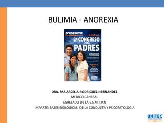 BULIMIA - ANOREXIA




          DRA. MA ARCELIA RODRIGUEZ HERNANDEZ
                     MEDICO GENERAL
                 EGRESADO DE LA E.S.M. I.P.N
IMPARTE: BASES BIOLOGICAS DE LA CONDUCTA Y PSICOPATOLOGIA
 