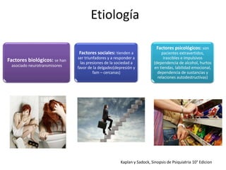 Etiología
Factores biológicos: se han
asociado neurotransmisores
Factores sociales: tienden a
ser triunfadores y a responder a
las presiones de la sociedad a
favor de la delgadez(depresión y
fam – cercanas)
Factores psicológicos: son
pacientes extravertidos,
irascibles e impulsivos
(dependencia de alcohol, hurtos
en tiendas, labilidad emocional,
dependencia de sustancias y
relaciones autodestructivas)
Kaplan y Sadock, Sinopsis de Psiquiatria 10° Edicion
 