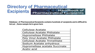 Directory of Pharmaceutical
Excipients
Database of Pharmaceutical Excipients contains hundreds of excipients and is difficult to
list out ; Some sample list is given here
 