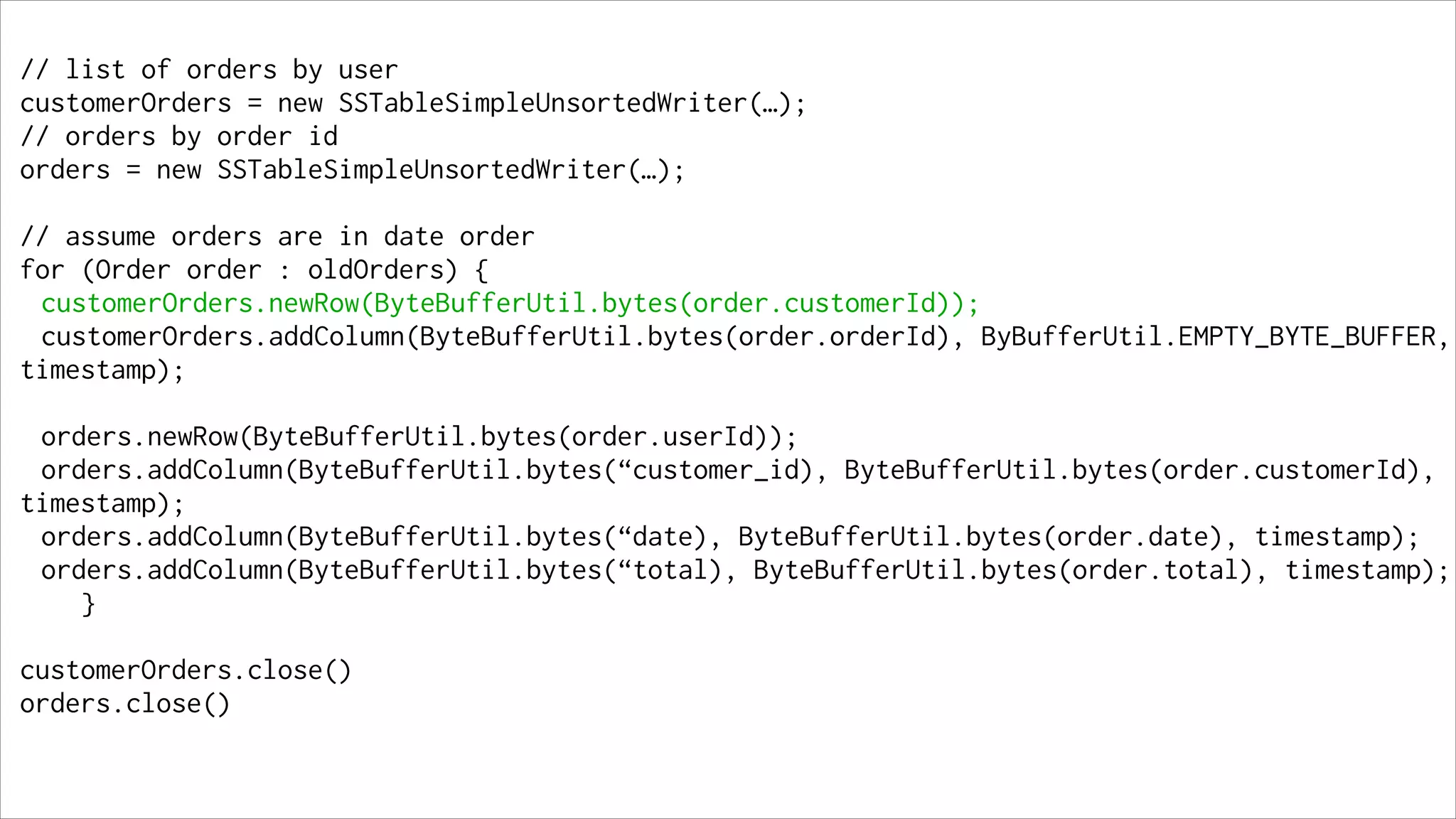 // list of orders by user
customerOrders = new SSTableSimpleUnsortedWriter(…);
// orders by order id
orders = new SSTableSimpleUnsortedWriter(…);
!

// assume orders are in date order
for (Order order : oldOrders) {
customerOrders.newRow(ByteBufferUtil.bytes(order.customerId));
customerOrders.addColumn(ByteBufferUtil.bytes(order.orderId), ByBufferUtil.EMPTY_BYTE_BUFFER,
timestamp);
!

orders.newRow(ByteBufferUtil.bytes(order.userId));
orders.addColumn(ByteBufferUtil.bytes(“customer_id), ByteBufferUtil.bytes(order.customerId),
timestamp);
orders.addColumn(ByteBufferUtil.bytes(“date), ByteBufferUtil.bytes(order.date), timestamp);
orders.addColumn(ByteBufferUtil.bytes(“total), ByteBufferUtil.bytes(order.total), timestamp);
}
!

customerOrders.close()
orders.close()

 