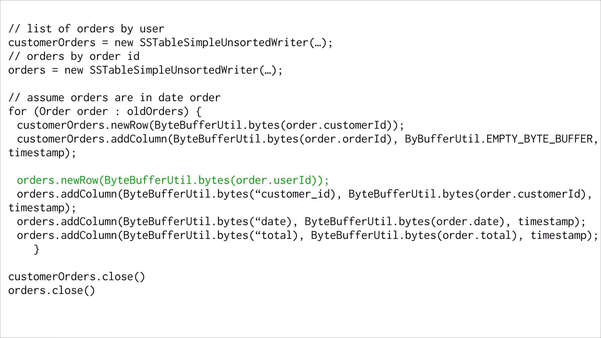 // list of orders by user
customerOrders = new SSTableSimpleUnsortedWriter(…);
// orders by order id
orders = new SSTableSimpleUnsortedWriter(…);
!

// assume orders are in date order
for (Order order : oldOrders) {
customerOrders.newRow(ByteBufferUtil.bytes(order.customerId));
customerOrders.addColumn(ByteBufferUtil.bytes(order.orderId), ByBufferUtil.EMPTY_BYTE_BUFFER,
timestamp);
!

orders.newRow(ByteBufferUtil.bytes(order.userId));
orders.addColumn(ByteBufferUtil.bytes(“customer_id), ByteBufferUtil.bytes(order.customerId),
timestamp);
orders.addColumn(ByteBufferUtil.bytes(“date), ByteBufferUtil.bytes(order.date), timestamp);
orders.addColumn(ByteBufferUtil.bytes(“total), ByteBufferUtil.bytes(order.total), timestamp);
}
!

customerOrders.close()
orders.close()

 