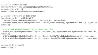// list of orders by user
customerOrders = new SSTableSimpleUnsortedWriter(…);
// orders by order id
orders = new SSTableSimpleUnsortedWriter(…);
!

// assume orders are in date order
for (Order order : oldOrders) {
customerOrders.newRow(ByteBufferUtil.bytes(order.customerId));
customerOrders.addColumn(ByteBufferUtil.bytes(order.orderId), ByBufferUtil.EMPTY_BYTE_BUFFER,
timestamp);
!

orders.newRow(ByteBufferUtil.bytes(order.userId));
orders.addColumn(ByteBufferUtil.bytes(“customer_id), ByteBufferUtil.bytes(order.customerId),
timestamp);
orders.addColumn(ByteBufferUtil.bytes(“date), ByteBufferUtil.bytes(order.date), timestamp);
orders.addColumn(ByteBufferUtil.bytes(“total), ByteBufferUtil.bytes(order.total), timestamp);
}
!

customerOrders.close()
orders.close()

 