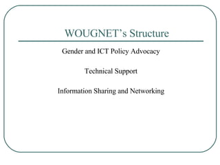 WOUGNET’s Structure Gender and ICT Policy Advocacy Technical Support Information Sharing and Networking 