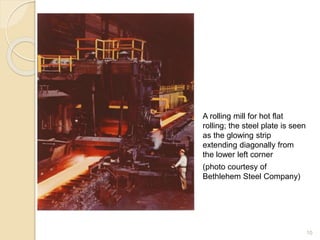 A rolling mill for hot flat
rolling; the steel plate is seen
as the glowing strip
extending diagonally from
the lower left corner
(photo courtesy of
Bethlehem Steel Company)
10
 