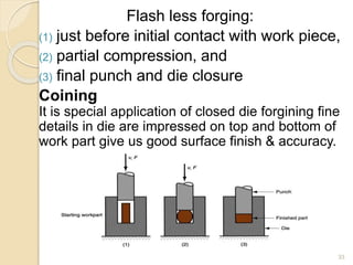 Flash less forging:
(1) just before initial contact with work piece,
(2) partial compression, and
(3) final punch and die closure
Coining
It is special application of closed die forgining fine
details in die are impressed on top and bottom of
work part give us good surface finish & accuracy.
33
 
