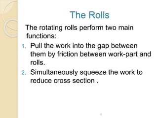 The Rolls
The rotating rolls perform two main
functions:
1. Pull the work into the gap between
them by friction between work-part and
rolls.
2. Simultaneously squeeze the work to
reduce cross section .
6
 