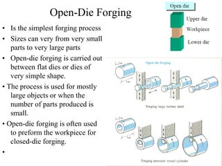 Open-Die Forging
• Is the simplest forging process
• Sizes can very from very small
parts to very large parts
• Open-die forging is carried out
between flat dies or dies of
very simple shape.
• The process is used for mostly
large objects or when the
number of parts produced is
small.
• Open-die forging is often used
to preform the workpiece for
closed-die forging.
•
 